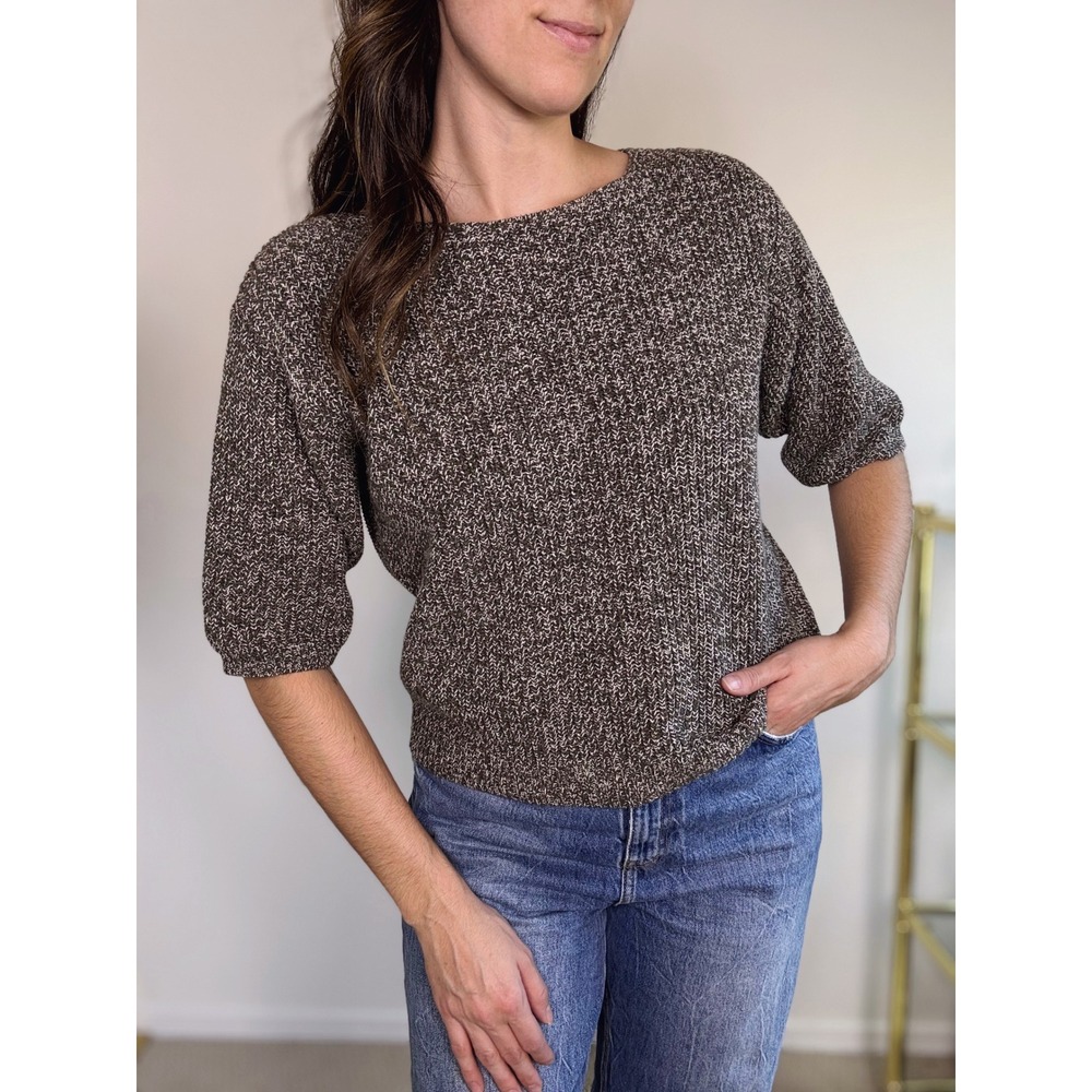 Uniqlo Olive White Marled Short Sleeve Knit Sweater, SMALL Boat Neck Gorp Earthy